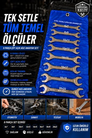 HKNOVA 8 Parça Açık Ağız Çift Taraflı Anahtar Seti C Anahtar Tamir Takımı Vanadyum Çelik