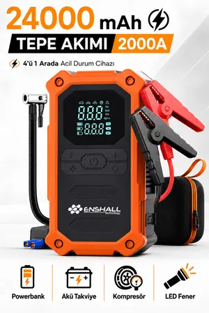 Enshall 24.000mAh Şarjlı Akü Takviye Cihazı Çantalı 2000A Tepe Akımlı Akü Takviyeli Oto Hava Kompresör