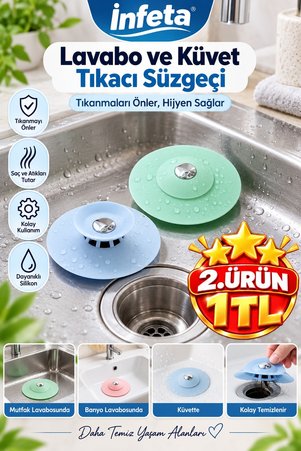 İnfeta 1 Adet Lavabo Küvet Tıkacı ve Süzgeç Saç Tutucu Esnek Gider Kapağı