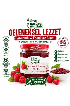 Natürel Mutfak Ahududu&Frambuaz Reçeli 350 Gr Glikoz-Fruktoz İçermez raspberry jam %70 Meyve