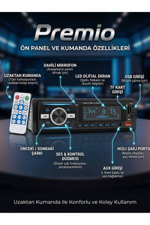 Premio Teyp – Çift Usb Çift Amfi Ekstra Bass Ve Bluetoothlu 7 Renk Oto Teyp