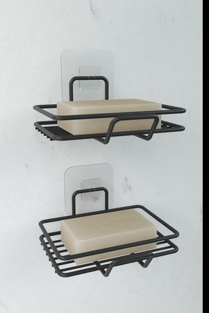 zabata Yapışkanlı 2 li Set Sabunluk Banyo Mutfak Lavabo Metal Katı Sabunluk Siyah
