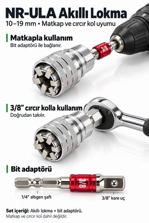 Noromax Universal Akıllı Lokma 10-19 mm – 3/8" Bit Adaptörü Dahil