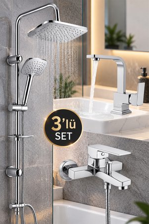 KUSTAR 3’lü Banyo Seti | Robot Duş Seti + Kare Lavabo Bataryası + Kare Banyo Bataryası | %100 Pirinç