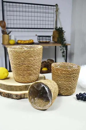 SepetçiBaba Hasır 3’lü Saksı Seti Doğal Dekoratif Yuvarlak