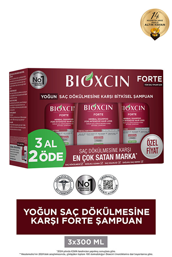 Bioxcin Forte Şampuan 3x300ml Tüm Saç Tipleri Için - Yoğun Dökülme Şampuanı Avantajlı Paket