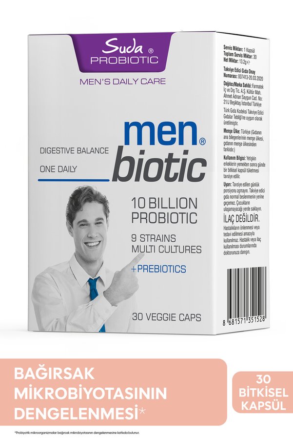Suda Vitamin MenBiotic Erkeklere Özel Probiyotik+Prebiyotik Mikroorganizma İçeren 30 Kapsül