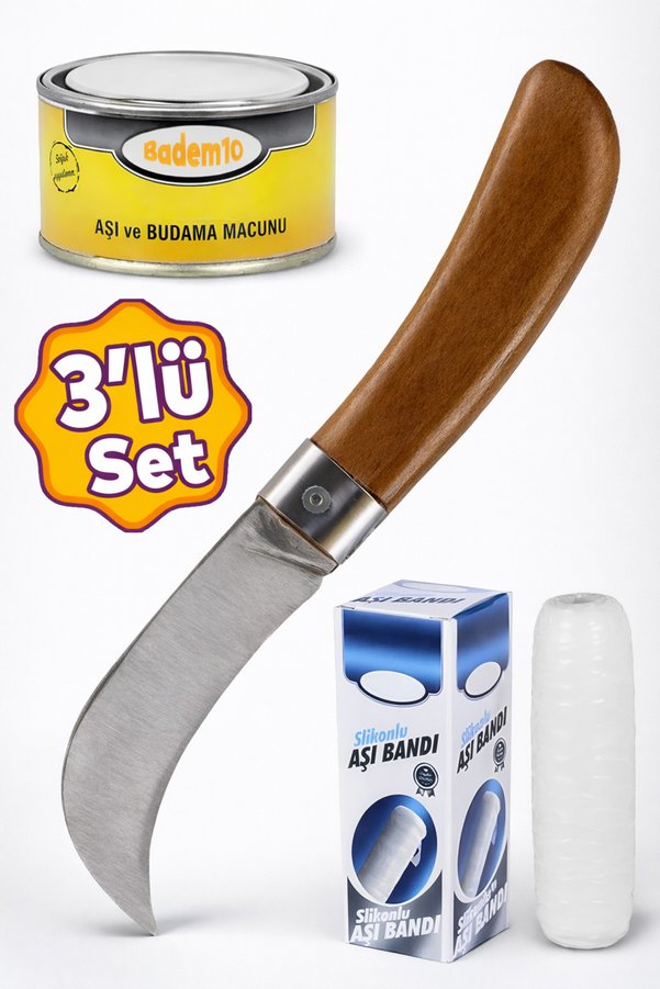 Badem10 Aşı Bıçağı Eğri Uçlu Bağ Bıçağı Ara Çakı + Aşı Bandı + Aşı Macunu
