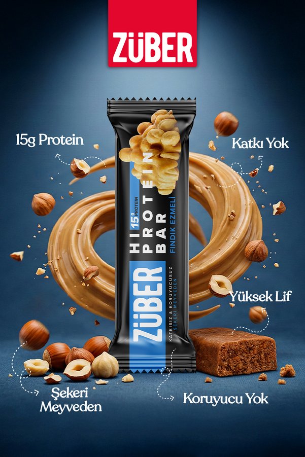Züber Hi Protein Fındık Ezmeli Yüksek Protein Bar 45g x 12 Adet