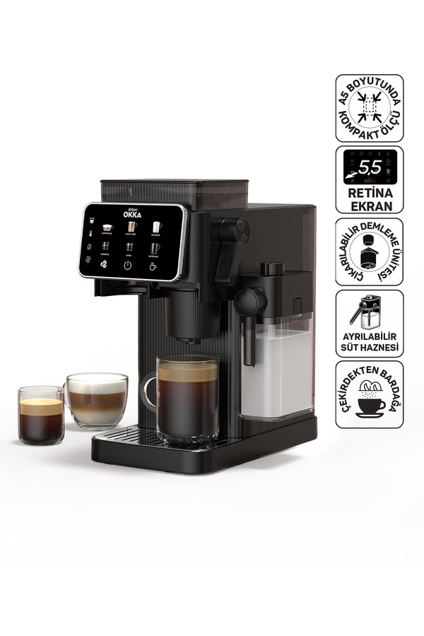 Arzum OK0047 Okka Barista Compact Otomatik Espresso Makinesi Süt Hazneli 7 Farklı İçecek 15Bar Basınç Krom