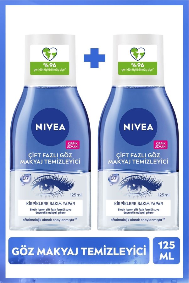 NIVEA Çift Fazlı Suya Dayanıklı Göz Makyaj Temizleyici 125ml Kirpik Bakımı Biotin Hassas Cilt X2 Adet