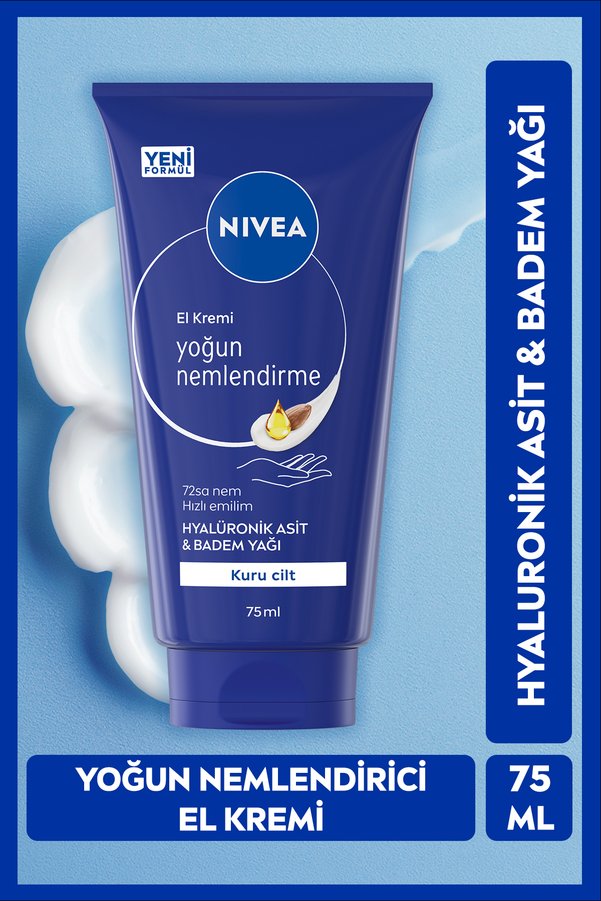 NIVEA Yoğun Nemlendirici El Bakım Kremi 75ml Kuru Ciltler Hyaluronik Asit Badem Yağı