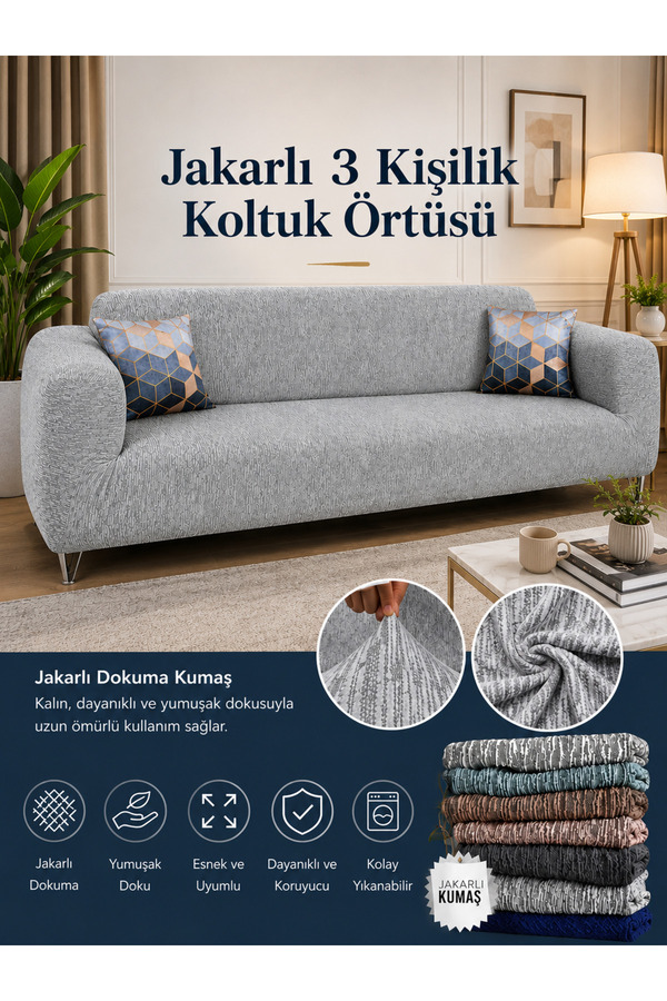 Faiend Düz Jakarlı 3 Kişilik Gri Kanepe Örtüsü | Lastikli Koltuk Örtüsü |çekyat Örtüsü| koltuk kılıfı
