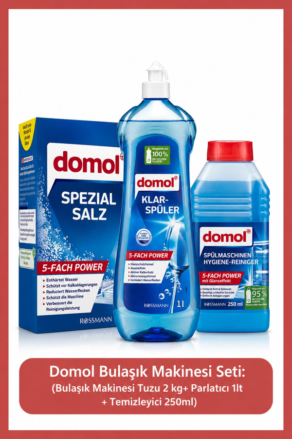 DOMOL Bulaşık Makinesi Seti: Bulaşık Makinesi Tuzu 2 kg+ Parlatıcı 1lt + Temizleyici 250 ml