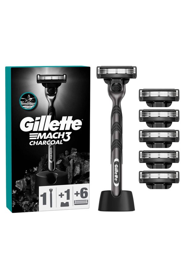 Gillette Mach3 Charcoal Tıraş Makinesi ve Yedek Bıçağı 6'lı + Tıraş Bıçağı Standı