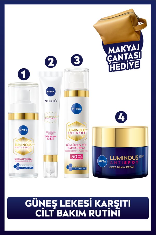NIVEA Luminous630 Leke Karşıtı Bakım Cilt Serumu Göz Gündüz ve Gece Kremi Makyaj Çantalı Çeyiz Seti