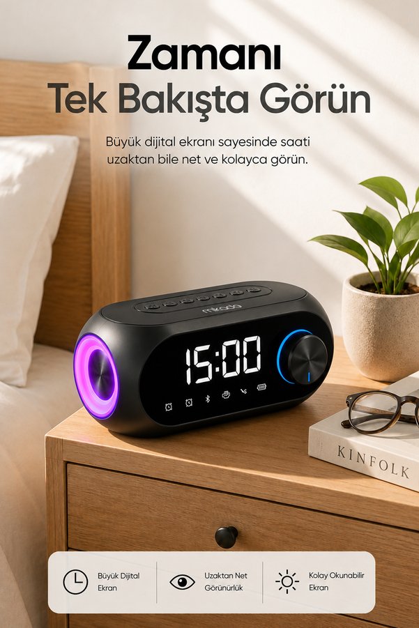 Mikado Md-W7 1200Mah 5W Siyah Bluetooth-Aux-Derece-Usb-Fm Double Alarmlı Saat