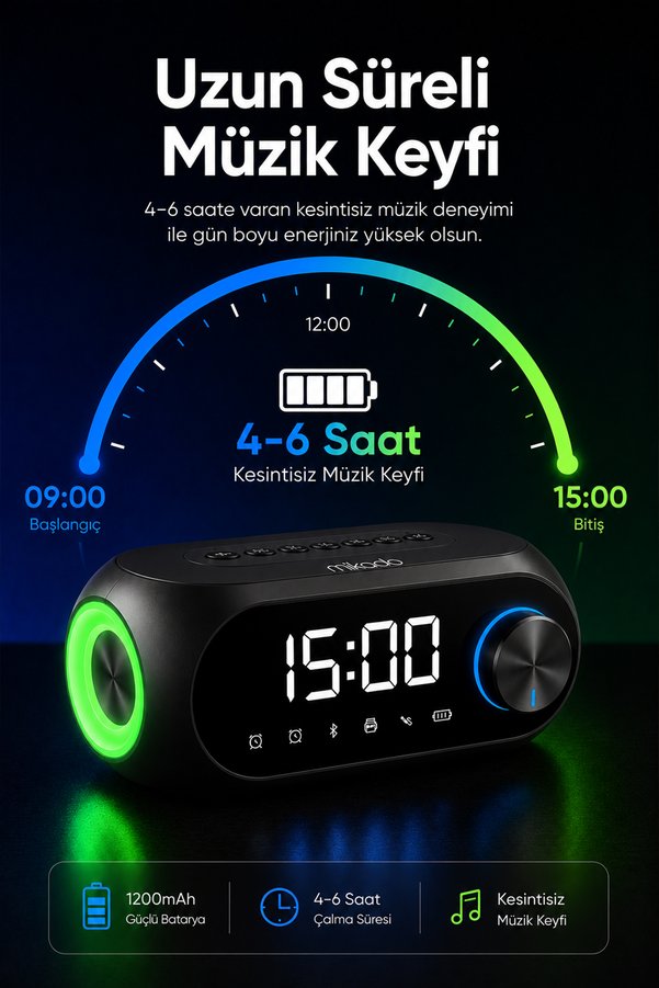 Mikado Md-W7 1200Mah 5W Siyah Bluetooth-Aux-Derece-Usb-Fm Double Alarmlı Saat