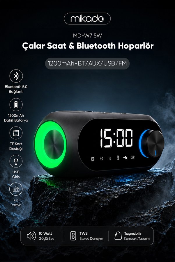 Mikado Md-W7 1200Mah 5W Siyah Bluetooth-Aux-Derece-Usb-Fm Double Alarmlı Saat