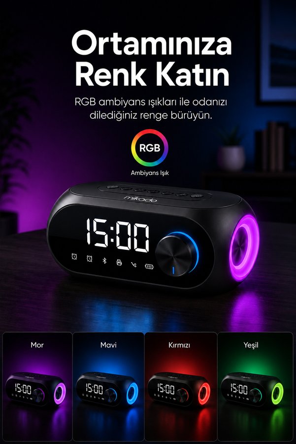 Mikado Md-W7 1200Mah 5W Siyah Bluetooth-Aux-Derece-Usb-Fm Double Alarmlı Saat