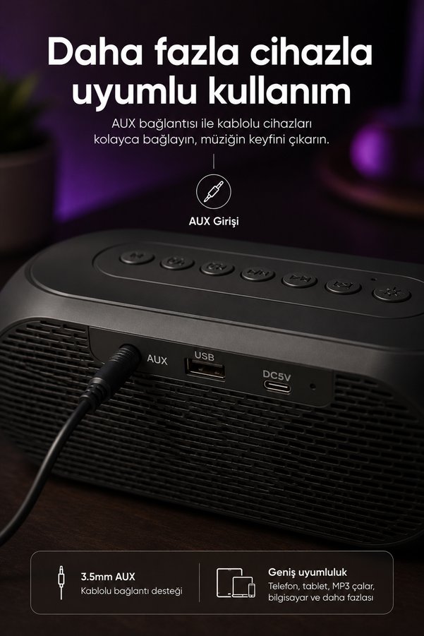 Mikado Md-W7 1200Mah 5W Siyah Bluetooth-Aux-Derece-Usb-Fm Double Alarmlı Saat