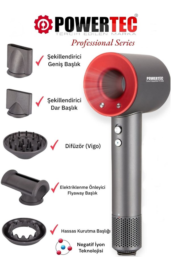 POWERTEC TR-3333 İyonizerli 5 Fonksiyon Plazma Saç Kurutma & Fön Makinesi