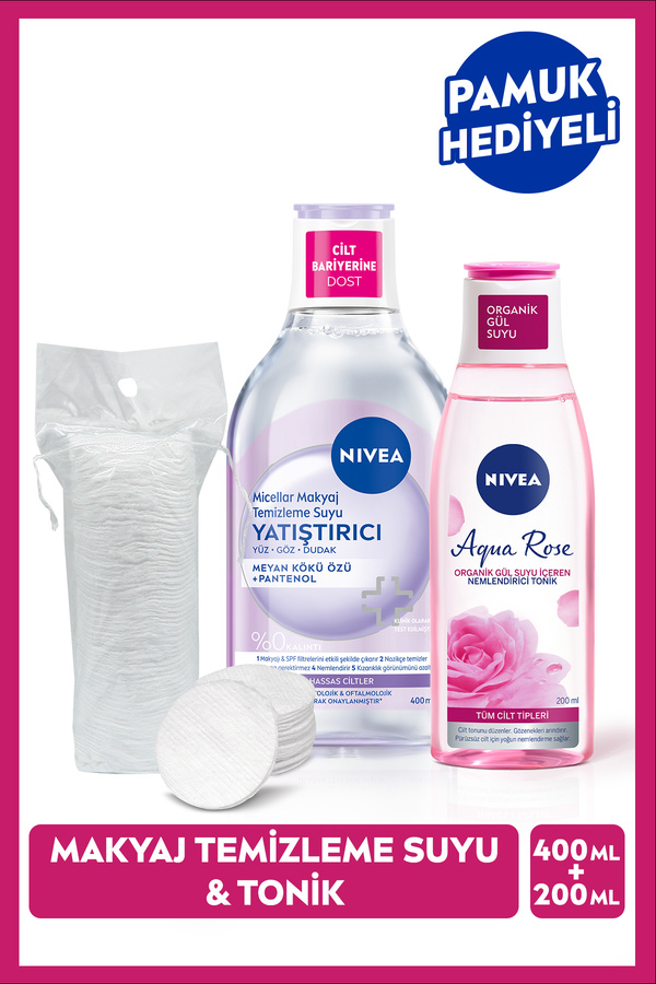 NIVEA Yatıştırıcı Micellar Makyaj Temizleme Suyu Ve Aqua Rose Tonik 200ml Pamuk Hediyeli Çeyiz Seti