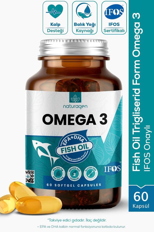 Naturagen Omega-3 Fish Oil 1200 mg 60 Softgel Balık Yağı | Ifos Onaylı | Gluten Free | Takviye Edici Gıda