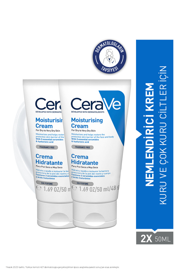 CeraVe Kuru Ciltler İçin Nemlendirici Cilt Bakım Seti: Seramid&Hyalüronik İçerikli Yüz/Vücut Kremi 50 mlx2