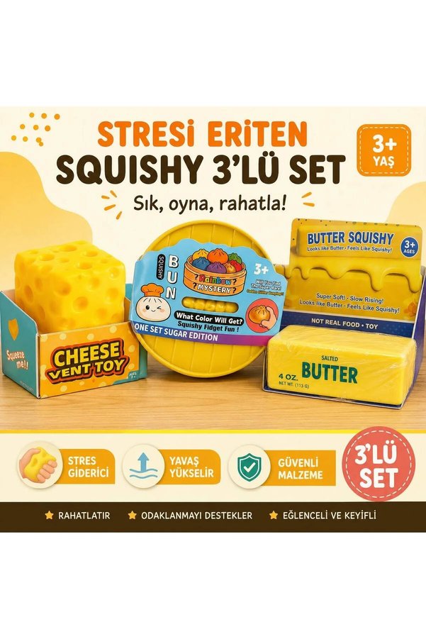 BUN simli model Çin Mantısı Butter Tereyağı peynir sukuşi 3 Popüler Trend Ürün Birarada 3 Adet Birden Skuşi Dumpling Squishy