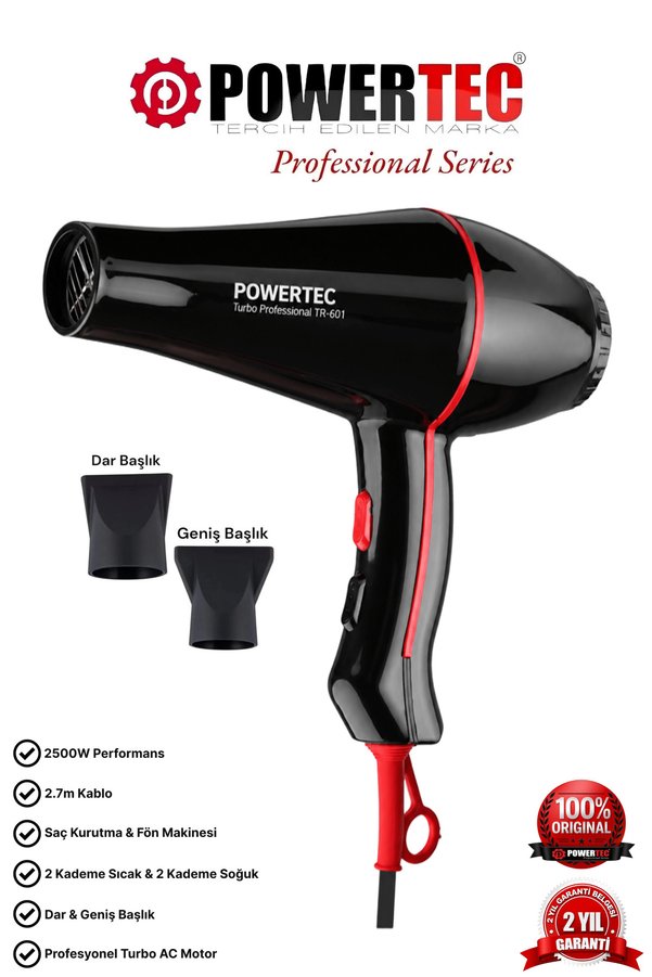 POWERTEC TR-601 Turbo Professional Series Fön Makinesi & Saç Kurutma 2.7m Uzun Kablolu Yeni Versiyon