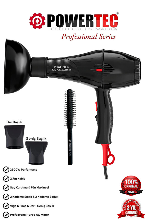 POWERTEC TR-701 Profesyonel Fön Makinesi + Hacimlendirici Difüzör Başlık + Profesyonel Fön Fırçası