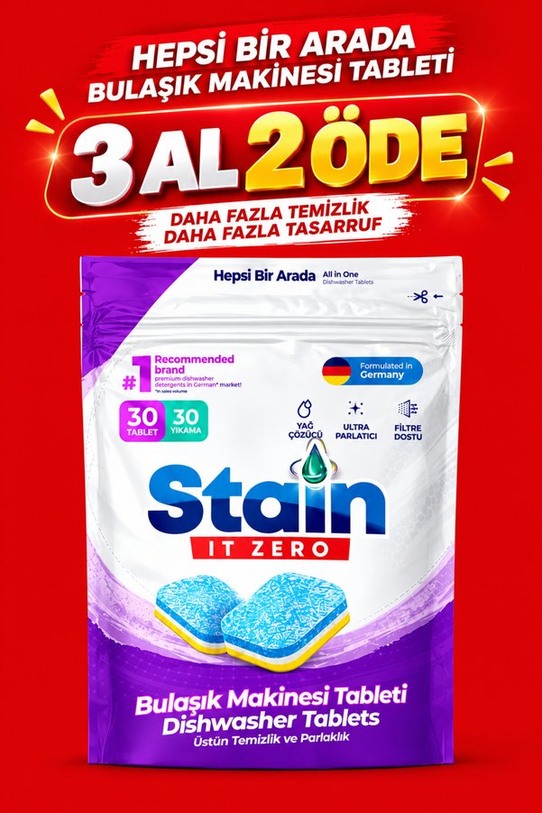 Stain İt Zero Hepsi Bir Arada Bulaşık Makinesi Tableti & Güçlü Temizlik Üstün Parlaklık- 30 Yıkama