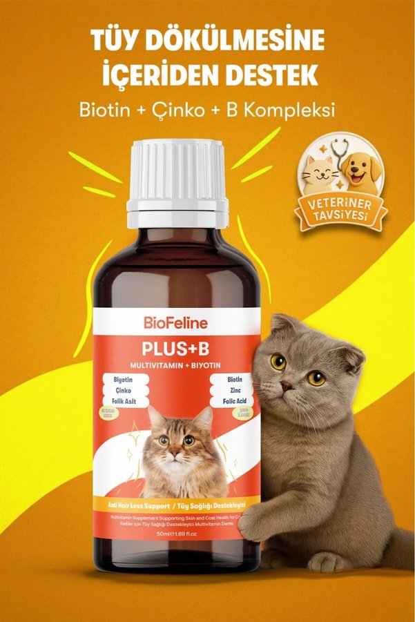 BioFeline Tüy Dökülme Engelleyici Tüy Sağlığı Ve Deri Yenilenmesi Destekleyici Biotin Çinko Kedi Damla 50 ml | Anti Hairball | Biotin Damla | Kedi Vitamini