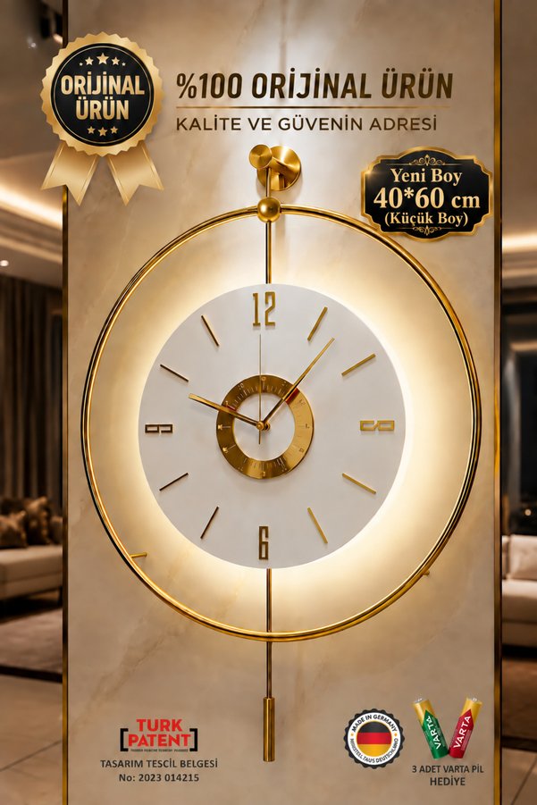 MetaQuartz Aksesuar İskandinav Kadran Gold Ledli Duvar Saati