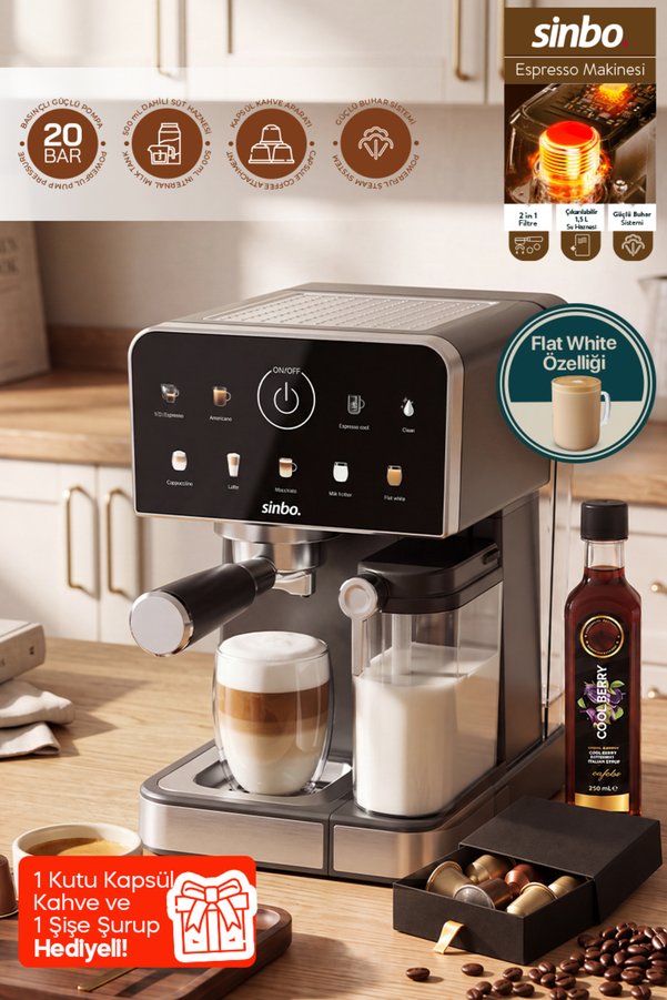 Sinbo SCM-3036 Pro 20 Bar Espresso Makinesi 7 Kahve Süt Hazneli Kapsül Uyumlu