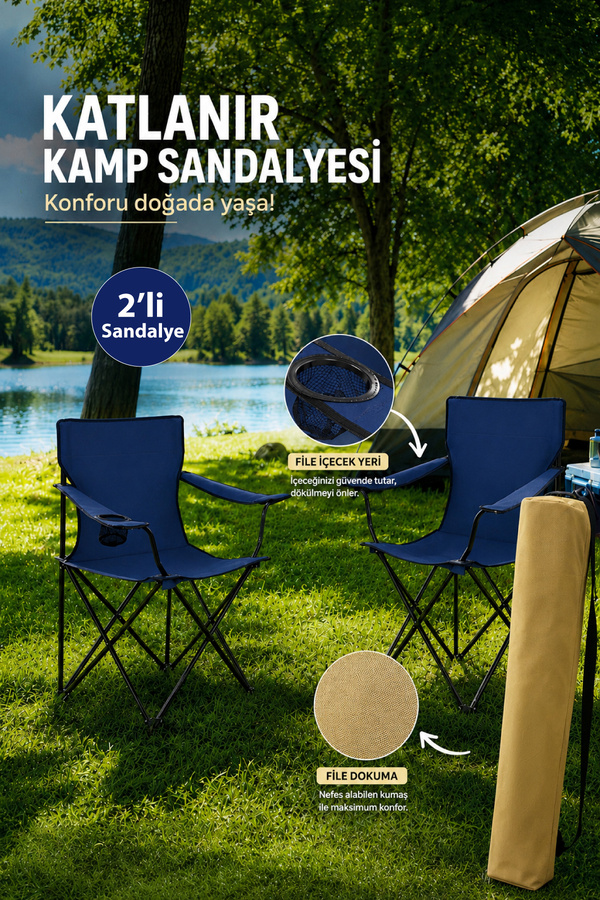 Walke 2 Li Katlanabilir Kamp Sandalyesi Piknik Sandalyesi Plaj Sandalyesi Mavi Taşıma Çantalı