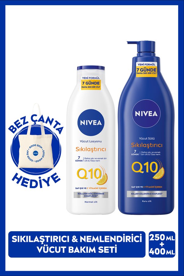 NIVEA Q10 Sıkılaştırıcı Vücut Bakım Sütü 400ml Ve Nemlendirici Losyon 250ml Bez Çanta Hediye C Vitamini