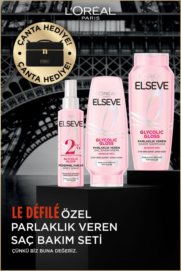 ELSEVE Glycolic Gloss Parlak Veren Saç Bakım Rutini Seti: Şampuan Saç Kremi Bakım Spreyi
