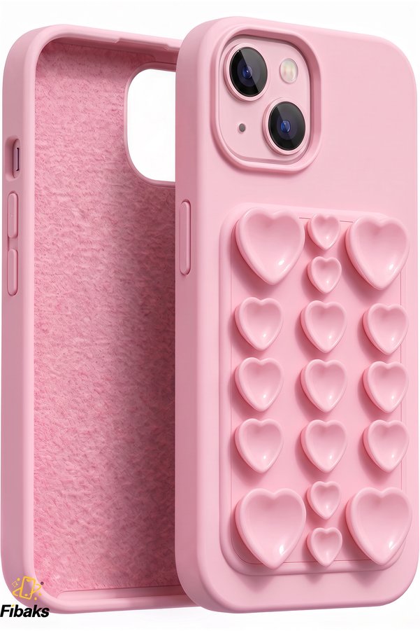 Fibaks iPhone 13/14/15 Kılıf Kendinden Vakumlu İçi Kadife Kalp Desenli Soft Silikon Telefon Kılıfı – Güçlü Tutuş & Estetik Tasarım Rose