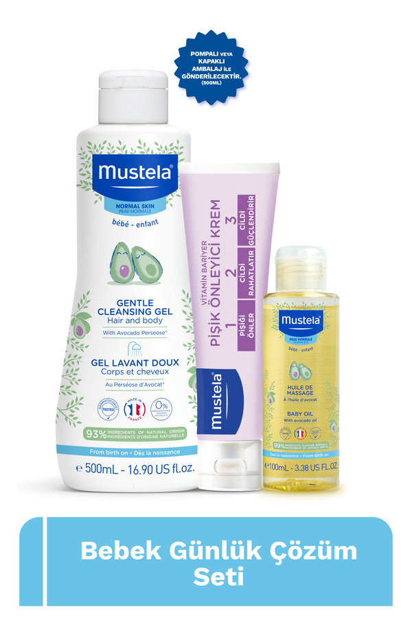 Mustela Bebek Günlük Çözüm Seti Yenidoğan Şampuanı 500 ml Pişik Kremi 50 ml ve Masaj Yağı 100 ml