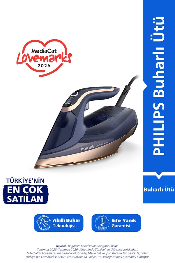 Philips 8000 Serisi Azur Buharlı Ütü 3000W 260 g Turbo Şok Buhar Sıfır Yanık Riski DST8050/20