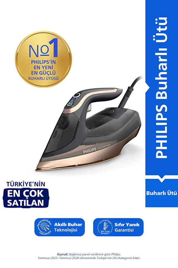 Philips 8000 Serisi Azur Buharlı Ütü Sıfır Yanık 260g Turbo şok buhar 110 g/dk 3000W DST8070/80