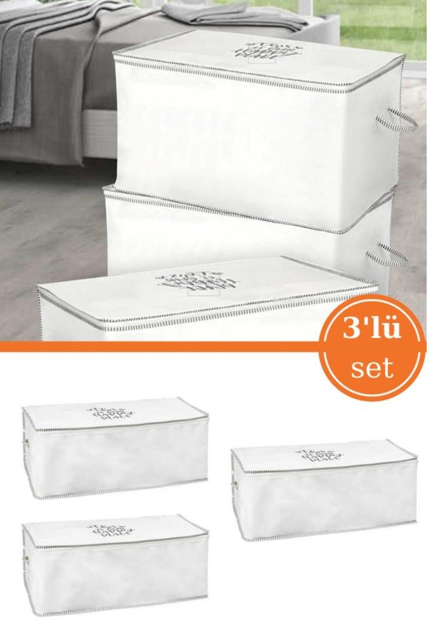 Flosoft 3 Adet Baza Hurcu Yorgan Yastık Saklama Hurç İpli Çok Amaçlı Sandık Tipi Hurç 3’lü Set 65x45x24 Cm