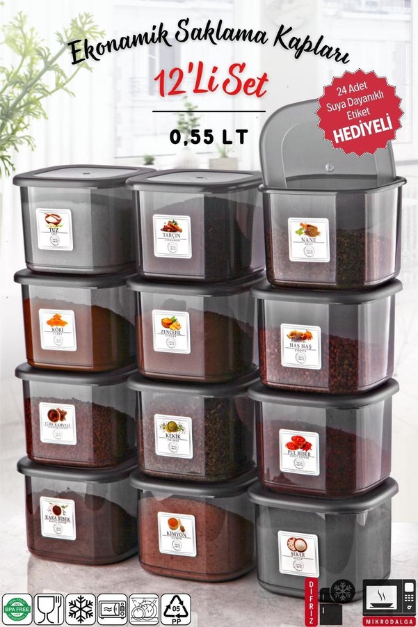 Nandy Home Etiketli 12 Adet 500 ml Ekonomik Kırılmaz Antrasit Saklama Kabı