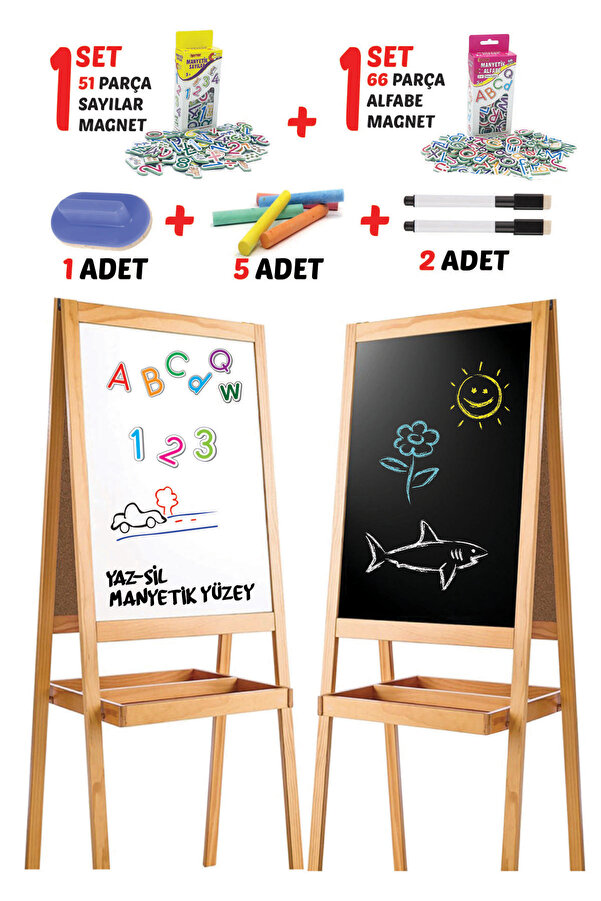 MAGNET İQ Ahşap Çocuk Yazı Tahtası Seti Manyetik Özellikli Çift Taraflı
