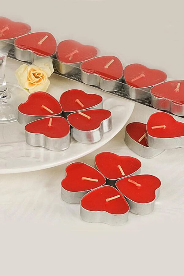 YAKUT 48 Adet Kırmızı Kalpli Kokulu Tealight Mum Sevgiliye Hediye Mum Evlilik Teklifi Yıldönümü Özel Gün