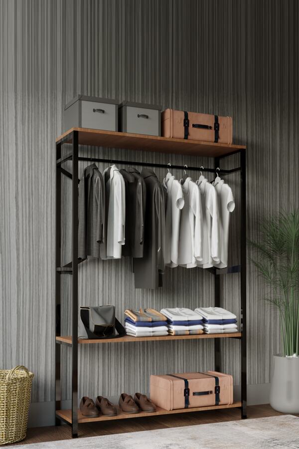 Brady Mobilya Alkor 180x120x35 Metal Masif Ahşap Desenli Yonga Levha Açık Giyinme Dolap Portmanto Askılık