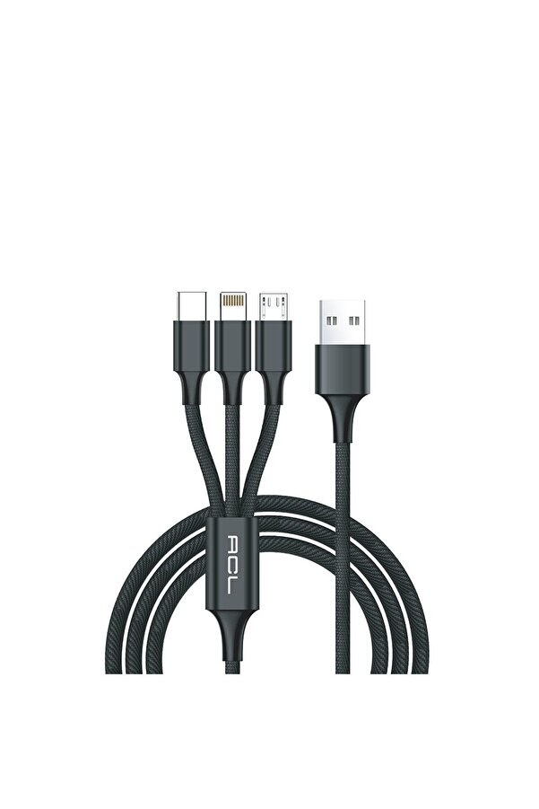 Acl Ack-47 Pri̇mecord™ 3İn1 Li̇ghtni̇ng, Mi̇cro, Type-C Metal Başlık Örgü Kablo Usb Şarj Ve Data Kablosu