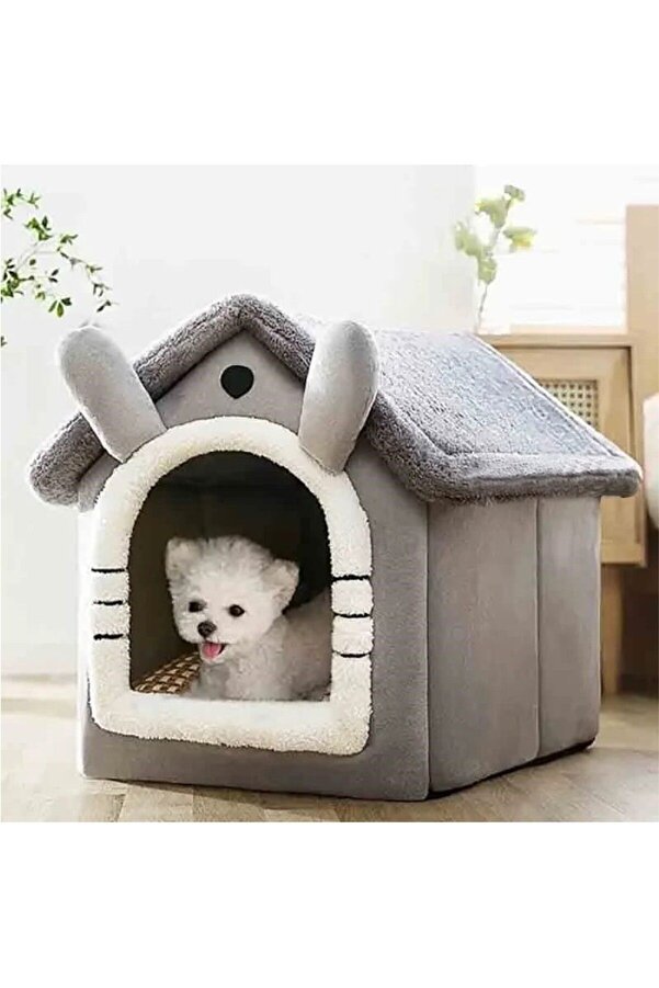 TİNEKE Klasik Model Kedi Evi Yumuşak Kedi Yatağı Derin Uyku Ve Kış Evi Çıkarılabilir Minder Gri